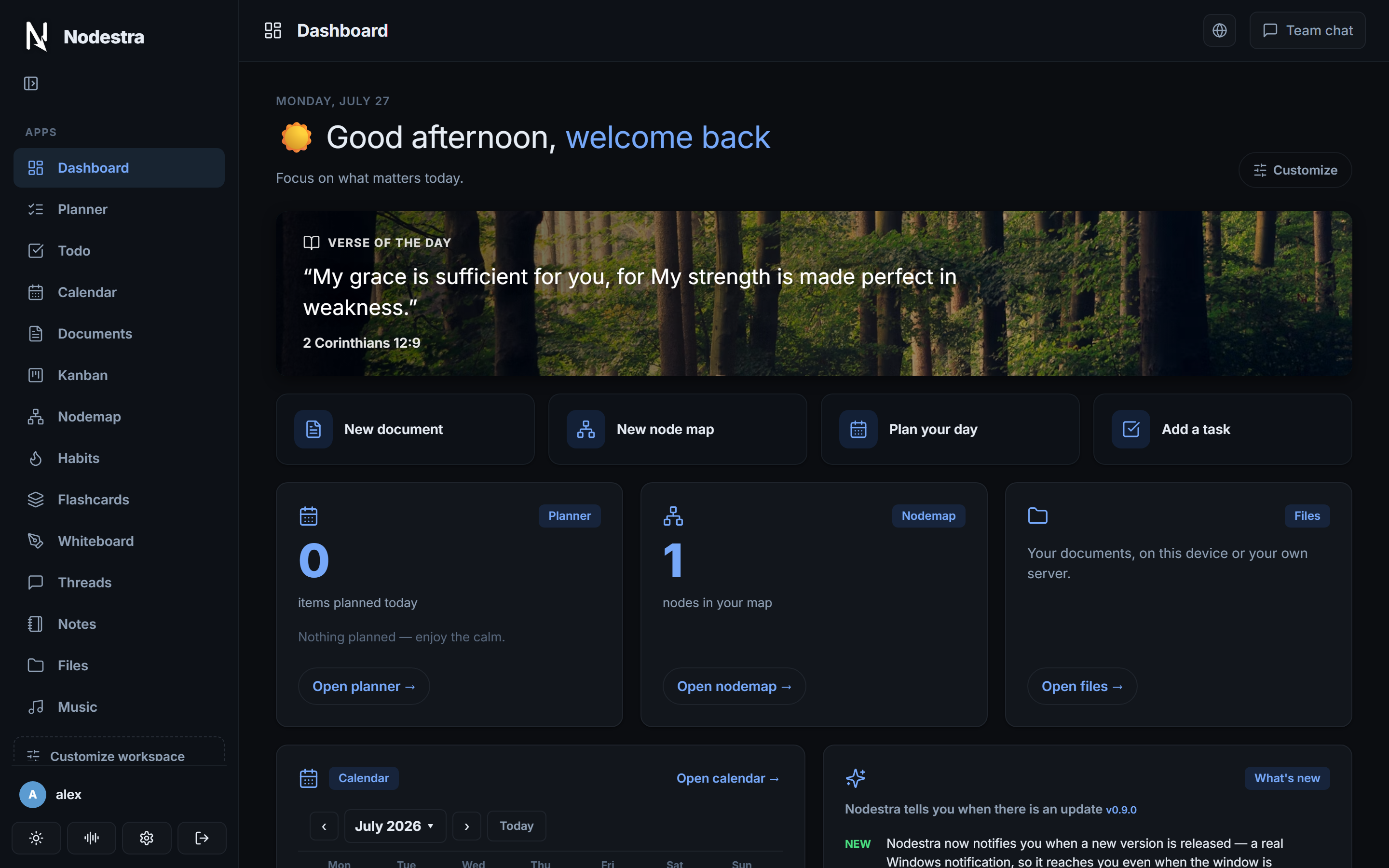 The Nodestra dashboard: today's greeting, quick actions for a new document, node map, planner and task, plus live cards for the planner, node map, files and calendar.