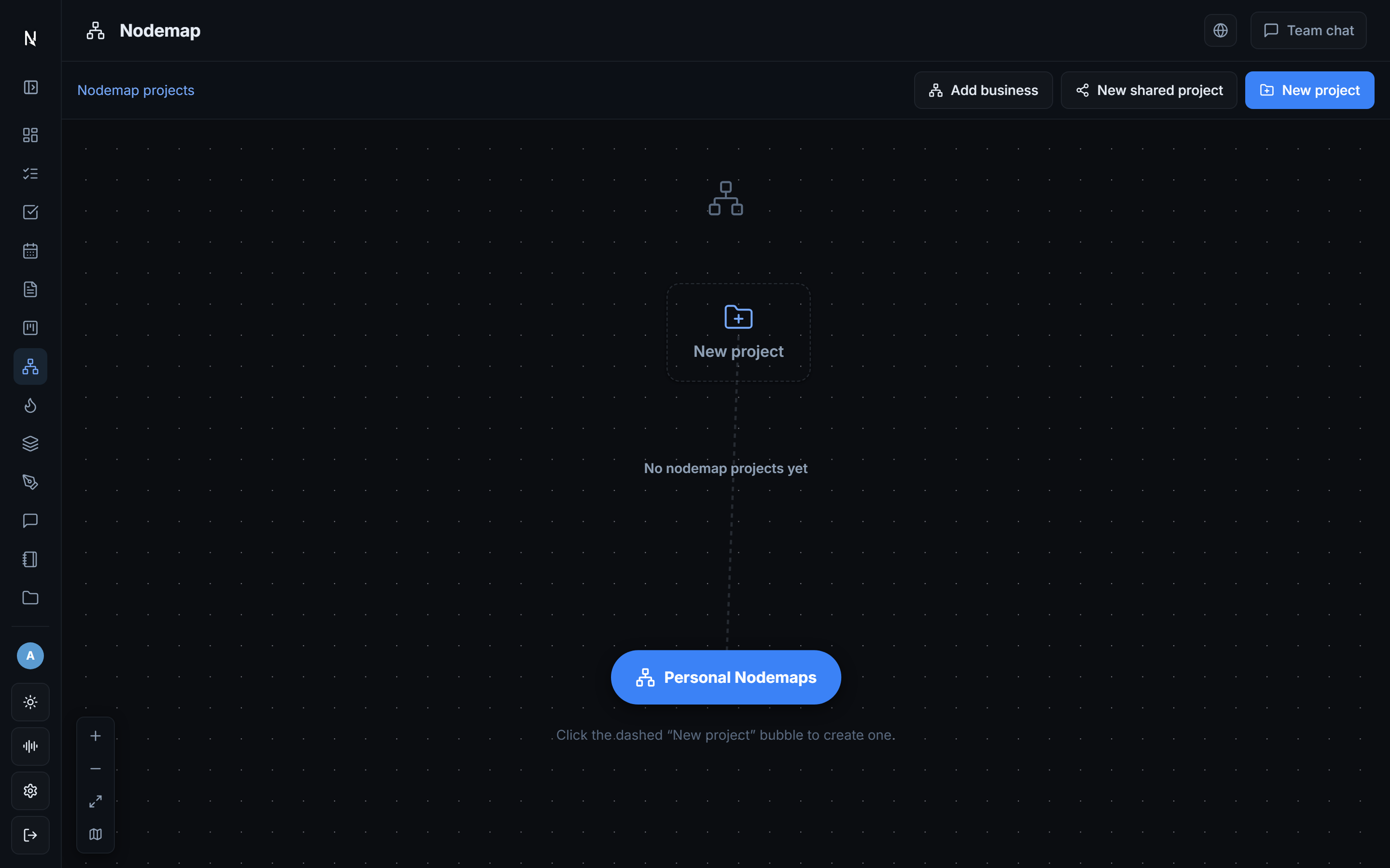 The Nodestra node map: an infinite canvas of connected idea nodes with an inspector panel.