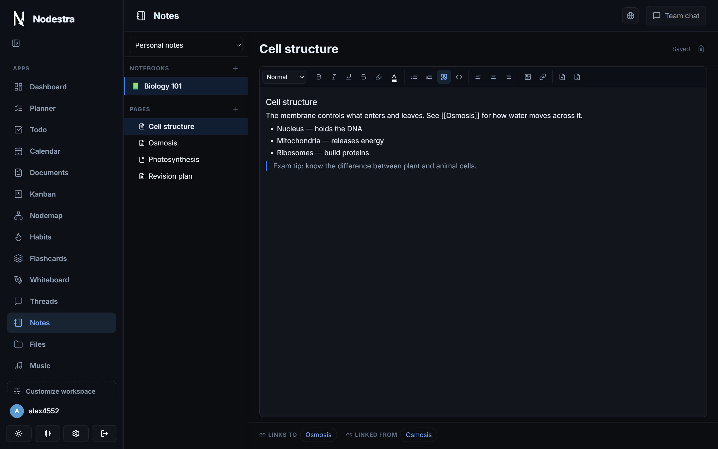 Nodestra Notes: a Biology 101 notebook with nested pages, a rich-text page open, and links to and from other pages shown at the bottom.