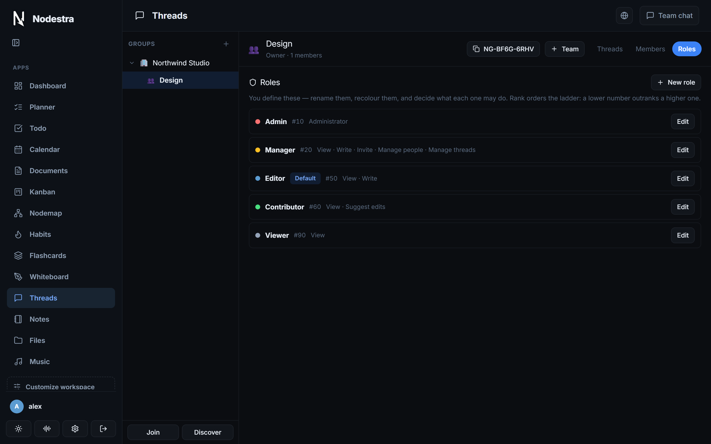 Nodestra's roles menu: Admin, Manager, Editor, Contributor and Viewer with ranks and the capabilities each one has.